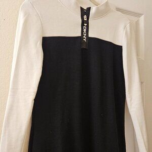 DKNY Chic Classic Career black white long sleeve quarter zip colorblock dress M